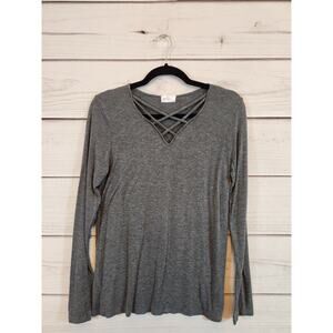 Glitz Women's‎ Gray Solid Basic V Neck Long Sleeve T Shirt Size L